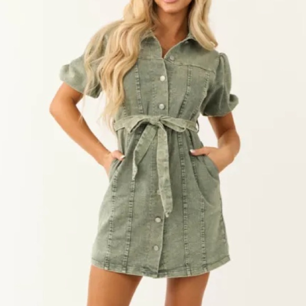 She+Sky Army Green Denim Button Down Dress